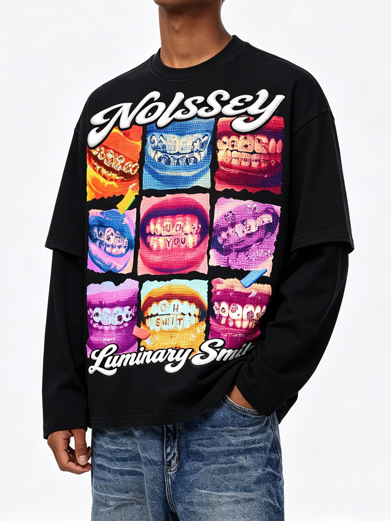 NOISSEY "Luminary Smile" Pop Art Nine-Grid Rhinestone Teeth Faux Layer Long Sleeve - black