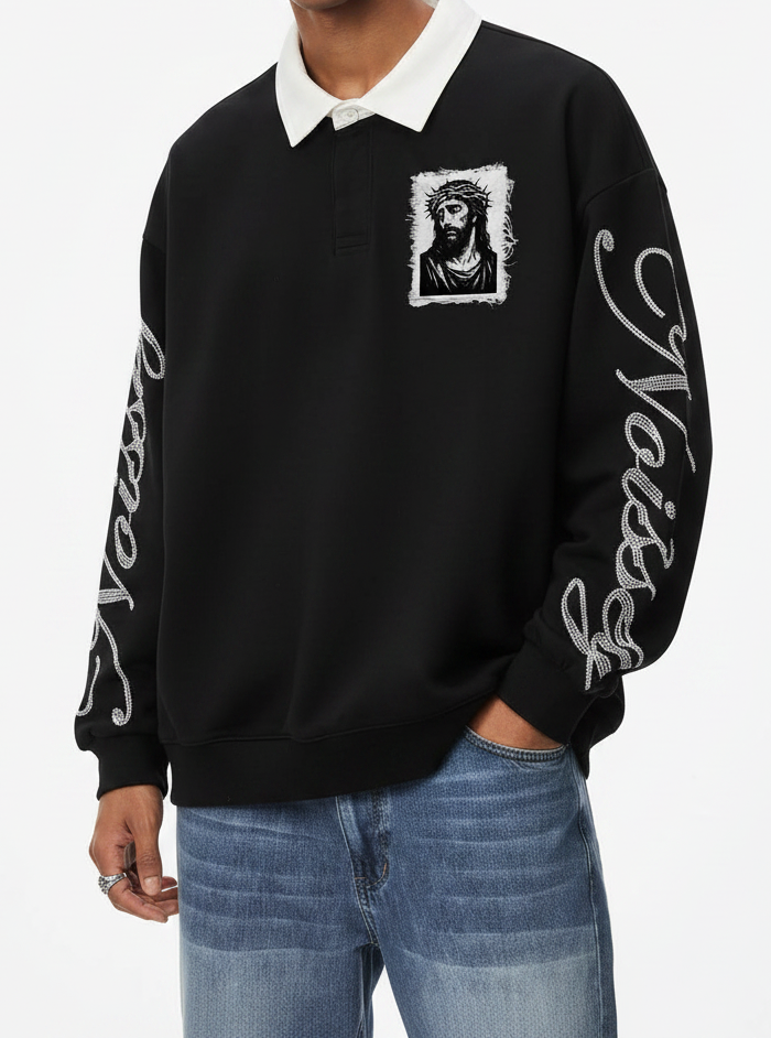 NOISSEY Rhinestone Sleeve & Crown of Thorns Jesus Contrast Collar Polo Sweatshirt - Black  Streetwear Shirt