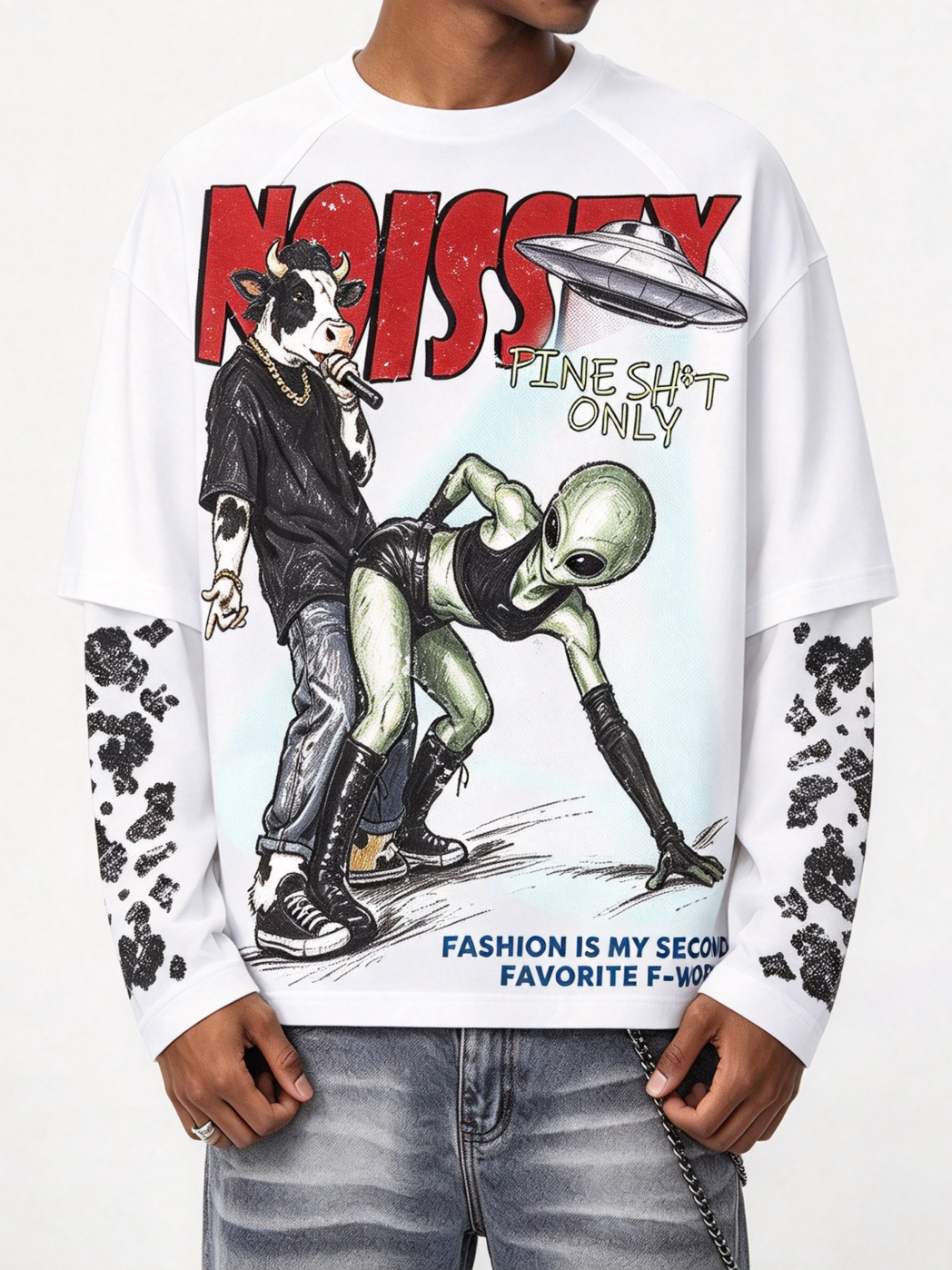 NOISSEY "Alien & Bull" Parody Graffiti Fake Two-Piece Long-Sleeve Tee