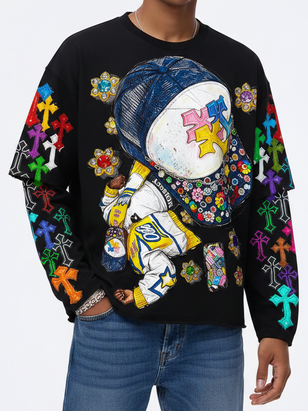 NOISSEY Hip-Hop Trucker Hat Graphic Heavyweight Faux Two-Piece Crewneck Long Sleeves Black