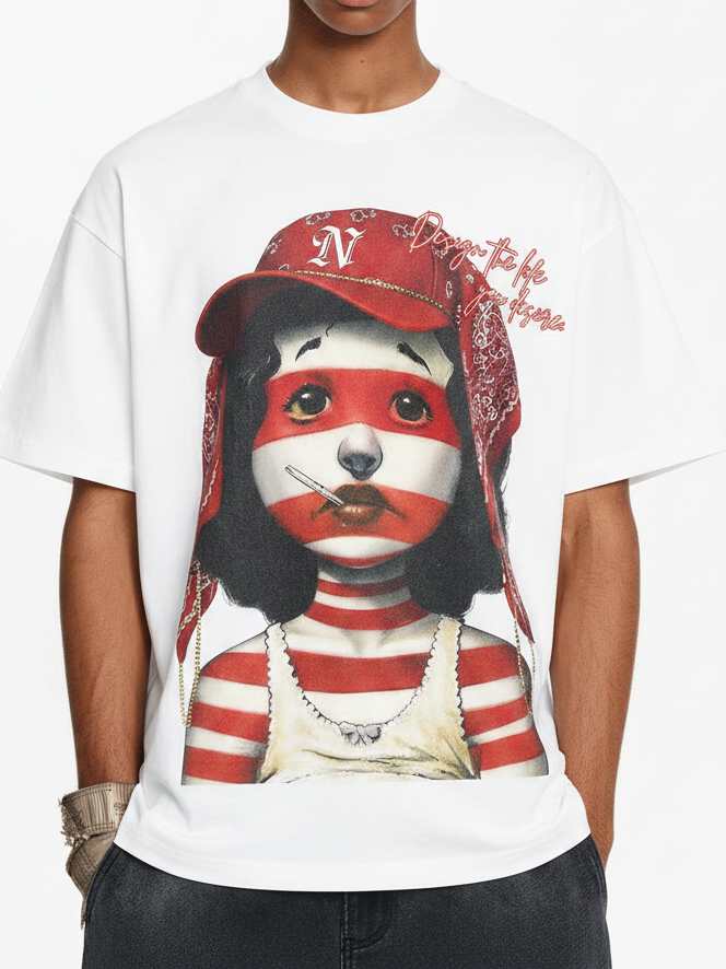 NOISSEY Red Bandana Striped Girl Oil Painting Graphic Boxy Tee - White Heavyweight Streetwear Shirt