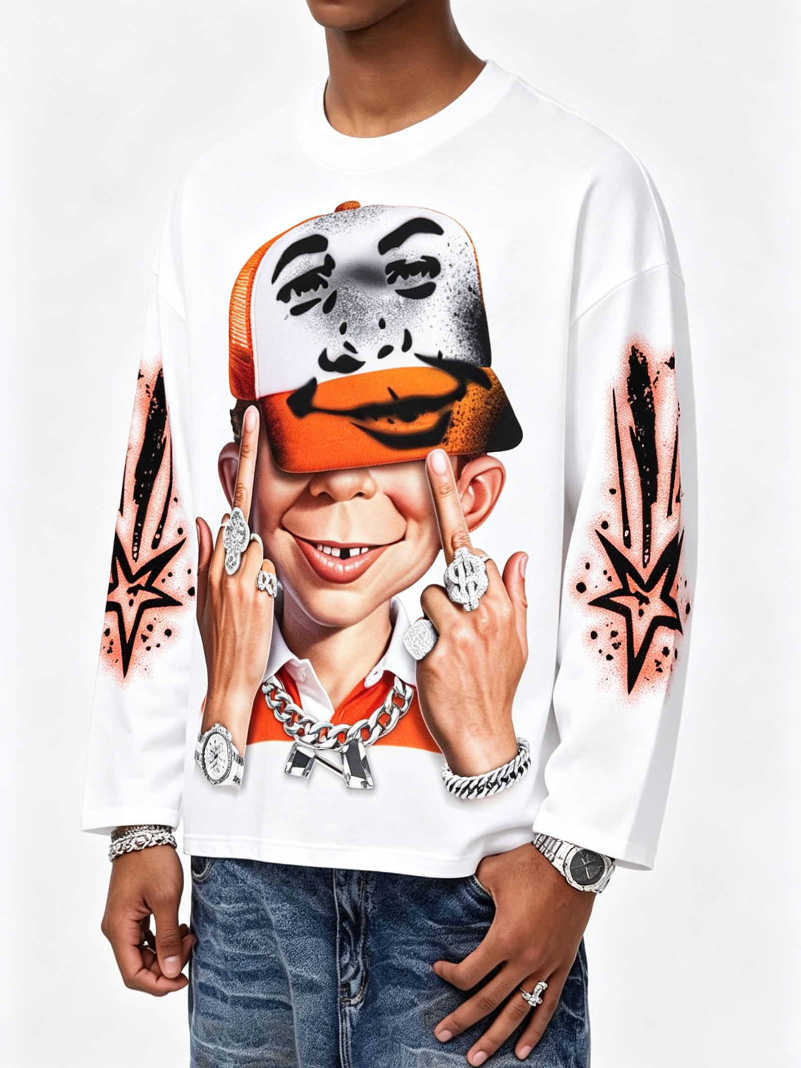 NOISSEY Orange Cartoon IP Graphic Heavyweight Long Sleeve Tee - Optic White Streetwear Shirt