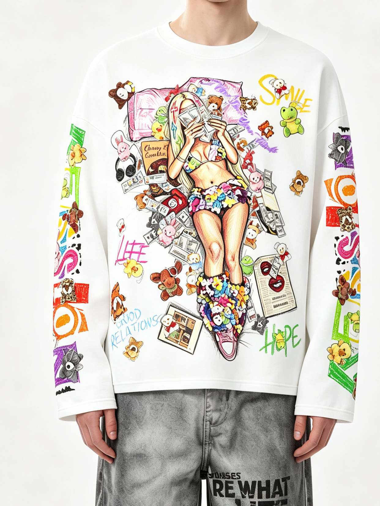 NOISSEY Crayon Graffiti Plush Girl Graphic Sweatshirt - Black & White Streetwear Crewneck
