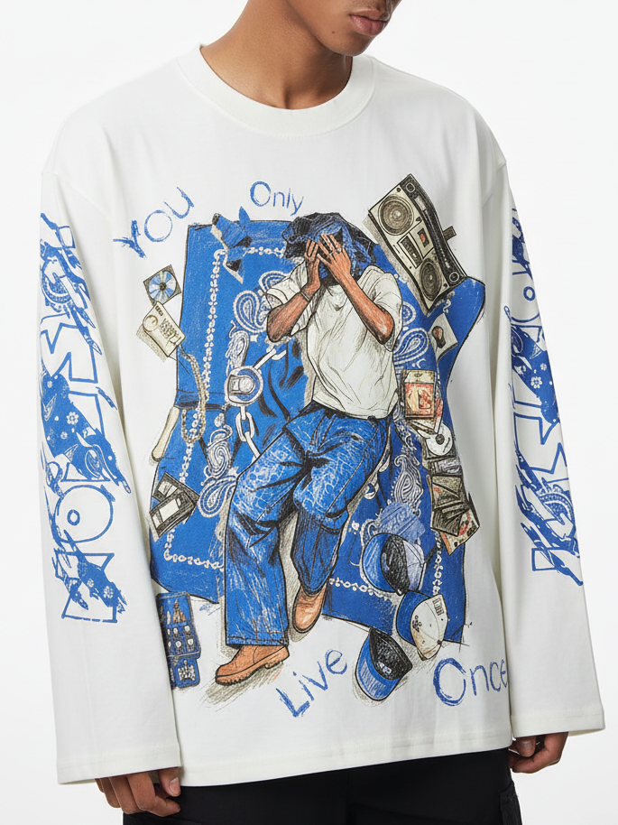 NOISSEY YOLO Blue Paisley Vintage Rap Sketch Graphic Long Sleeves