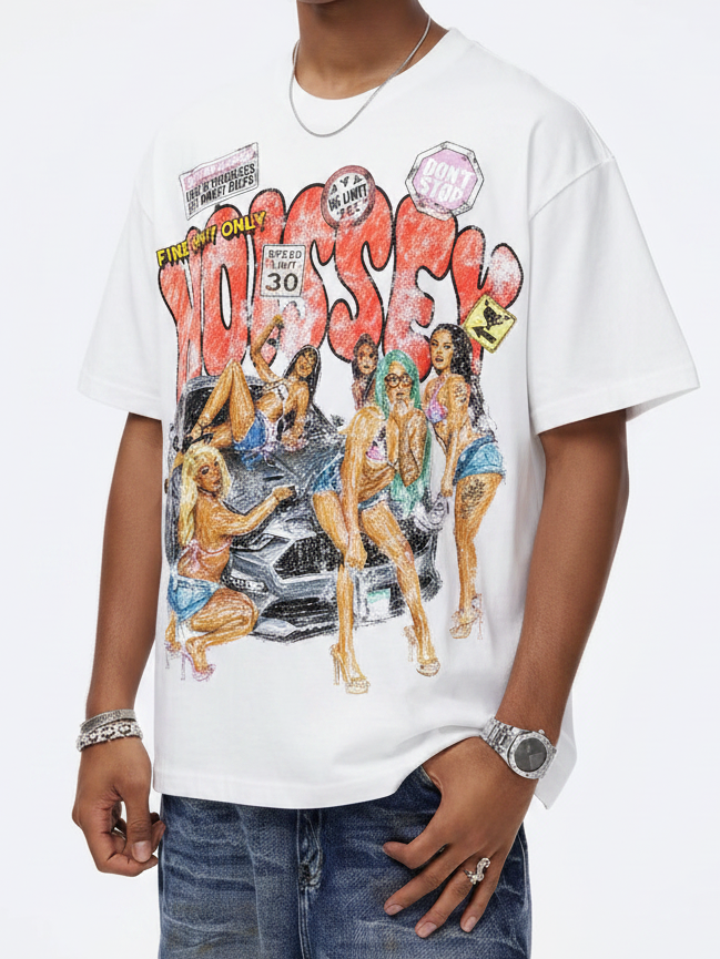 NOISSEY Crayon Graffiti Sports Car Girls Oversized Graphic Tee - White Y2K Streetwear Shirt