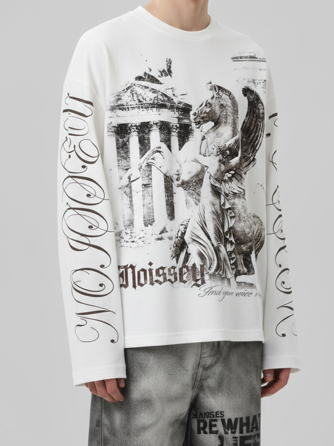NOISSEY Pegasus & Temple Vintage Graft Art Print Long Sleeve Shirt - White