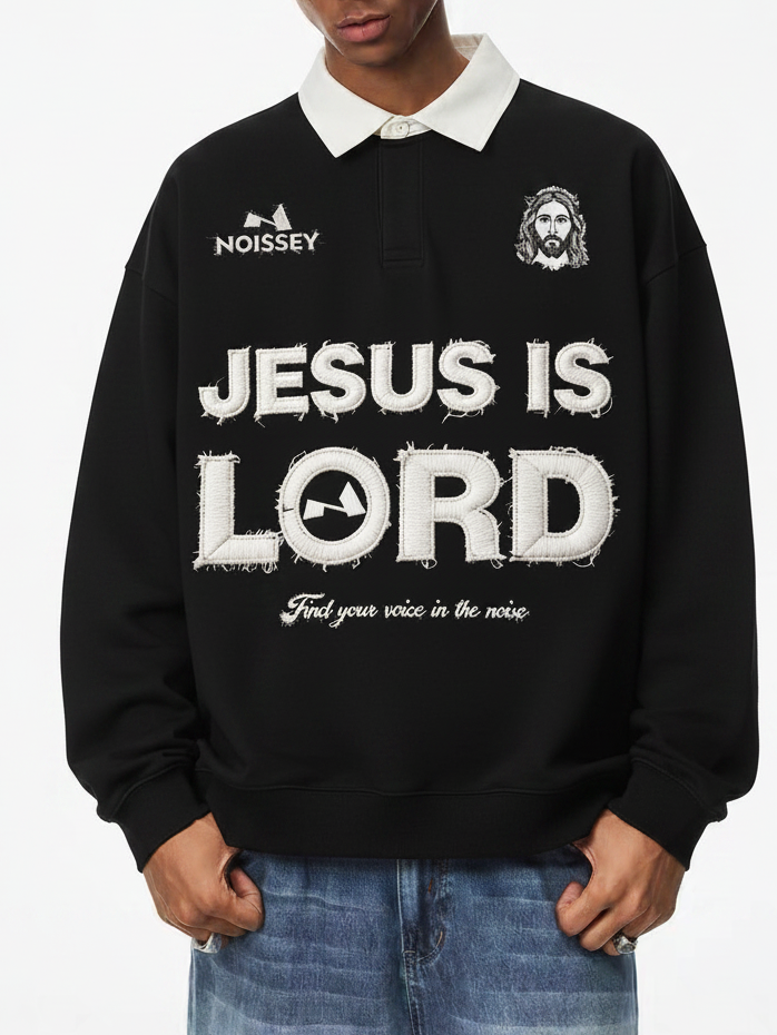 NOISSEY "JESUS IS LORD" Religious Art Polo Sweatshirt - Pitch Black