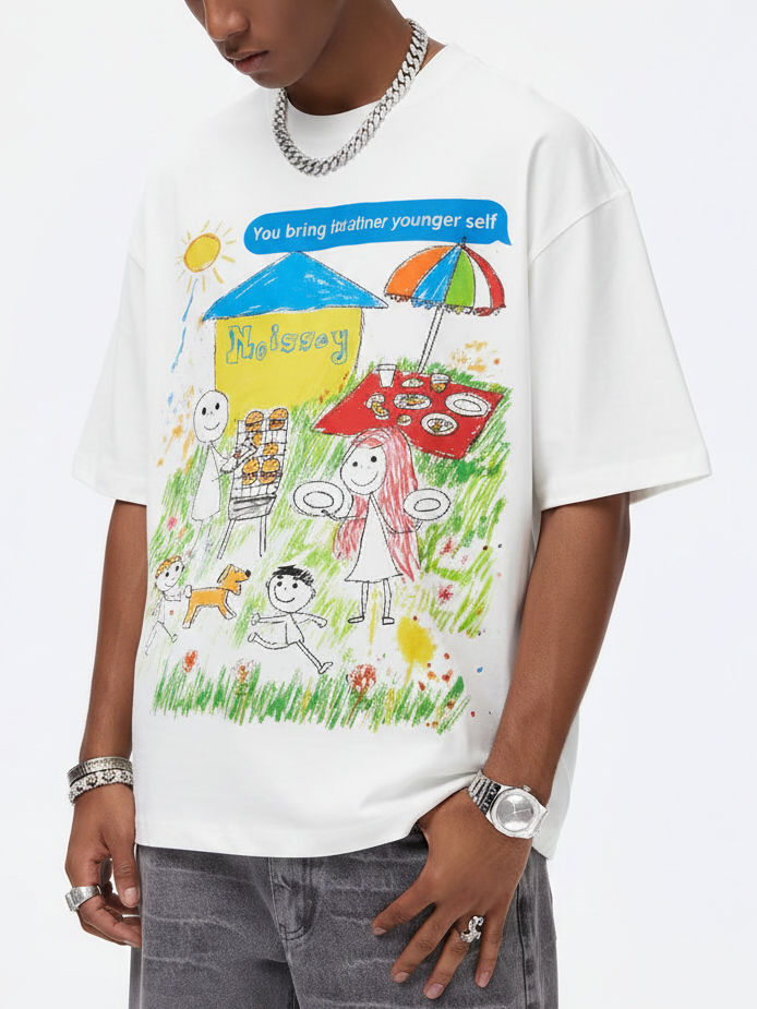 NOISSEY "Younger Self" Crayon Picnic Graphic Oversized Tee - Studio White
