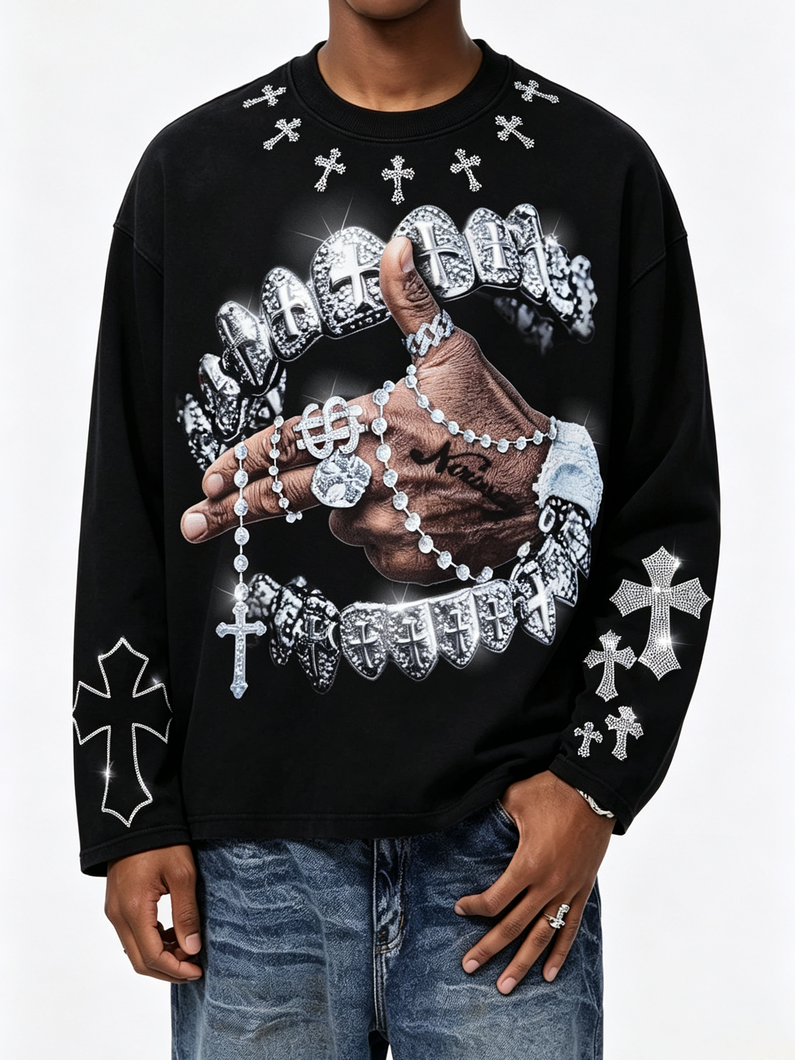 NOISSEY "Iced-out Rosary" Graphic Long Sleeves - Heavyweight Jet Black