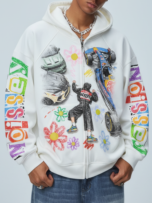 NOISSEY Frog Buttons &amp; Floral Knot Zip Hoodie - Pearl White