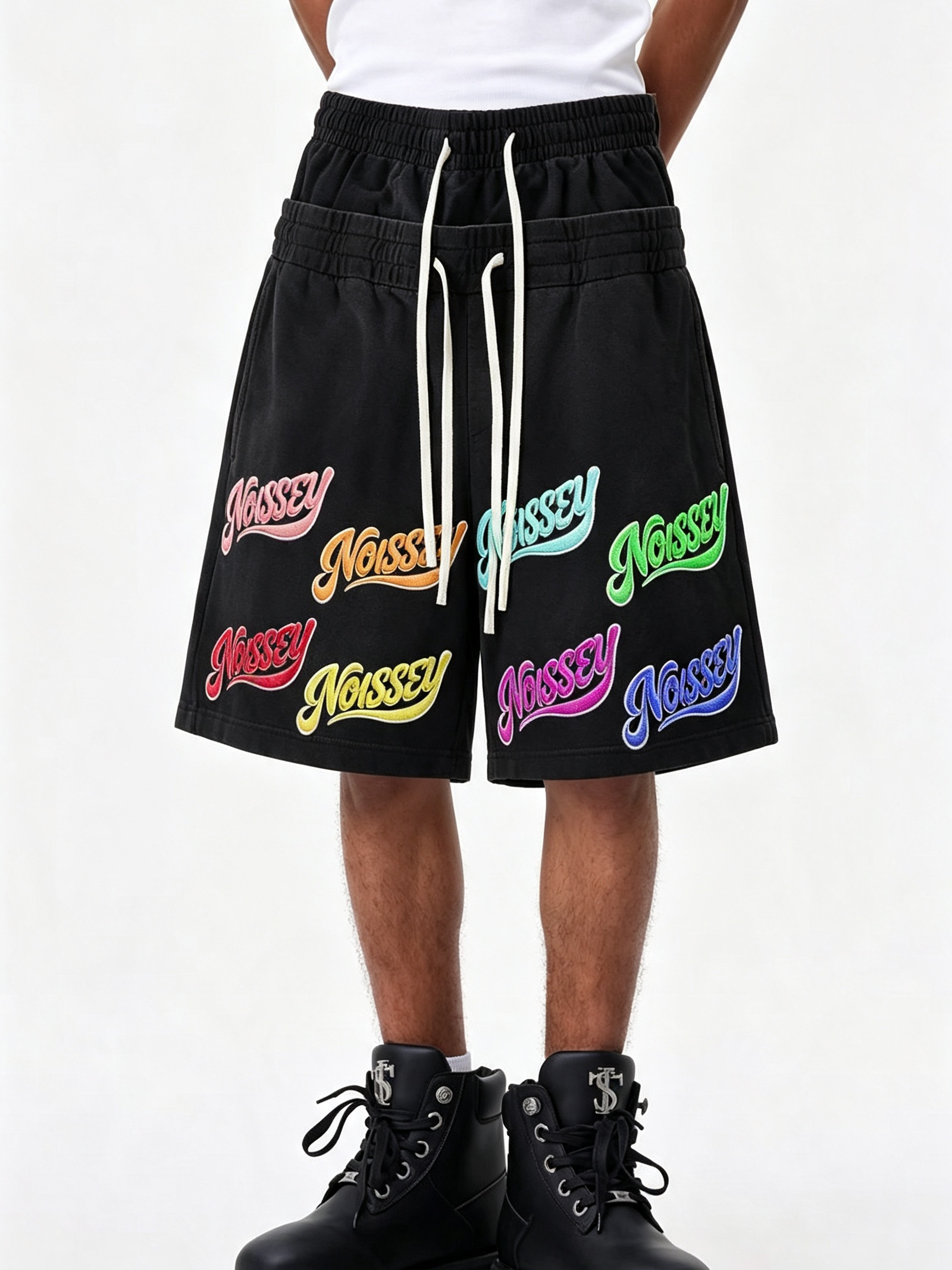 NOISSEY Washed Black Multi-Color Script LOGO Printed Oversized Sweat Shorts