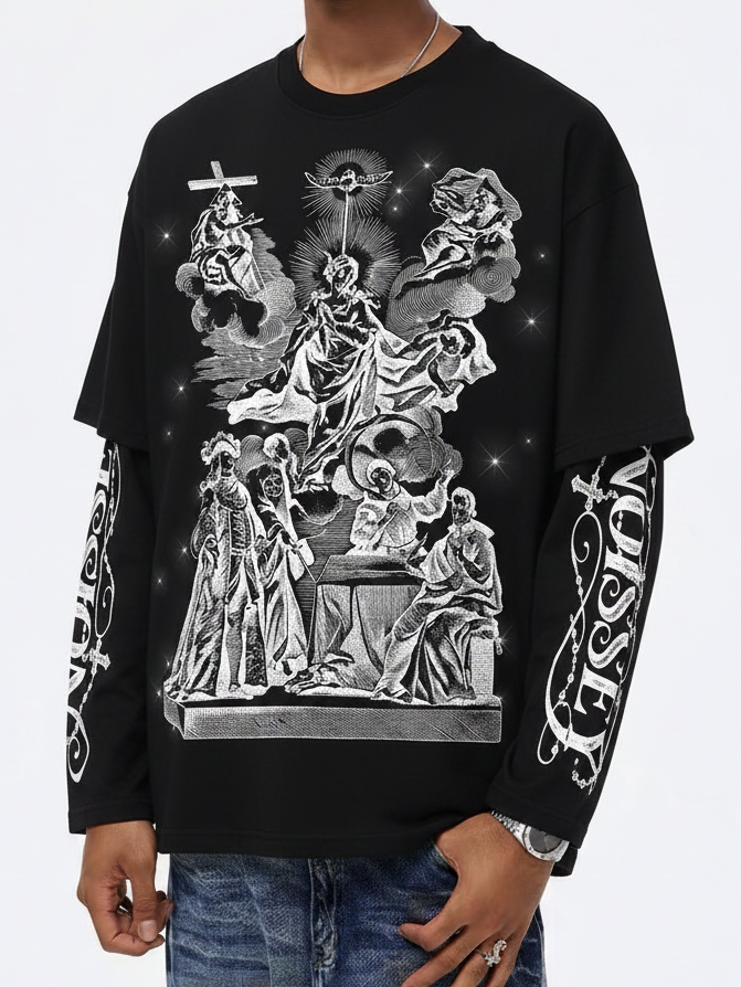 NOISSEY Monochrome Religious Copperplate Print Faux Twin-Set Long Sleeve T-Shirt - Pure Black