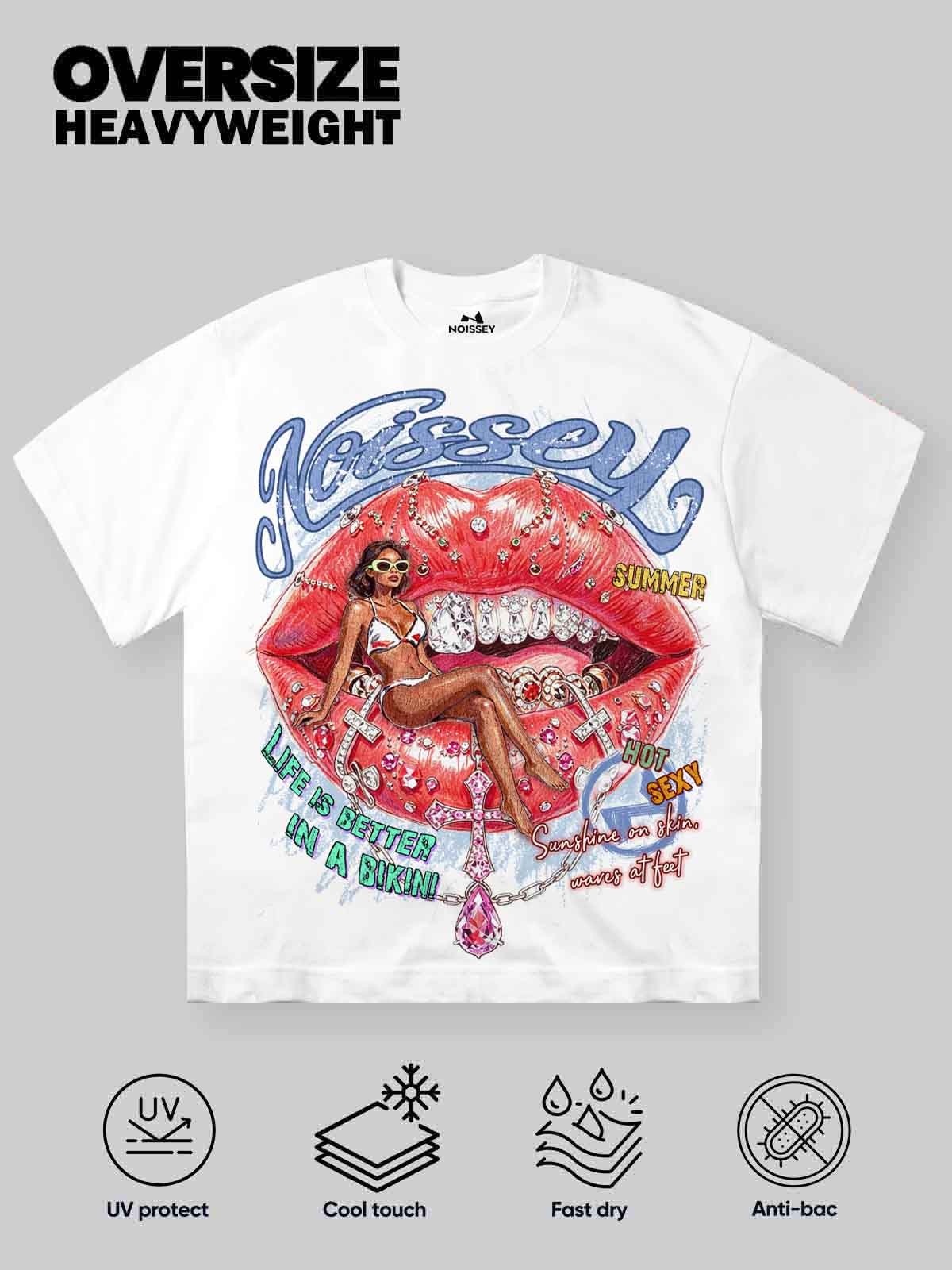 NOISSEY American Graffiti Bikini Girl & Diamond Lips Graphic T-Shirt - Pure White
