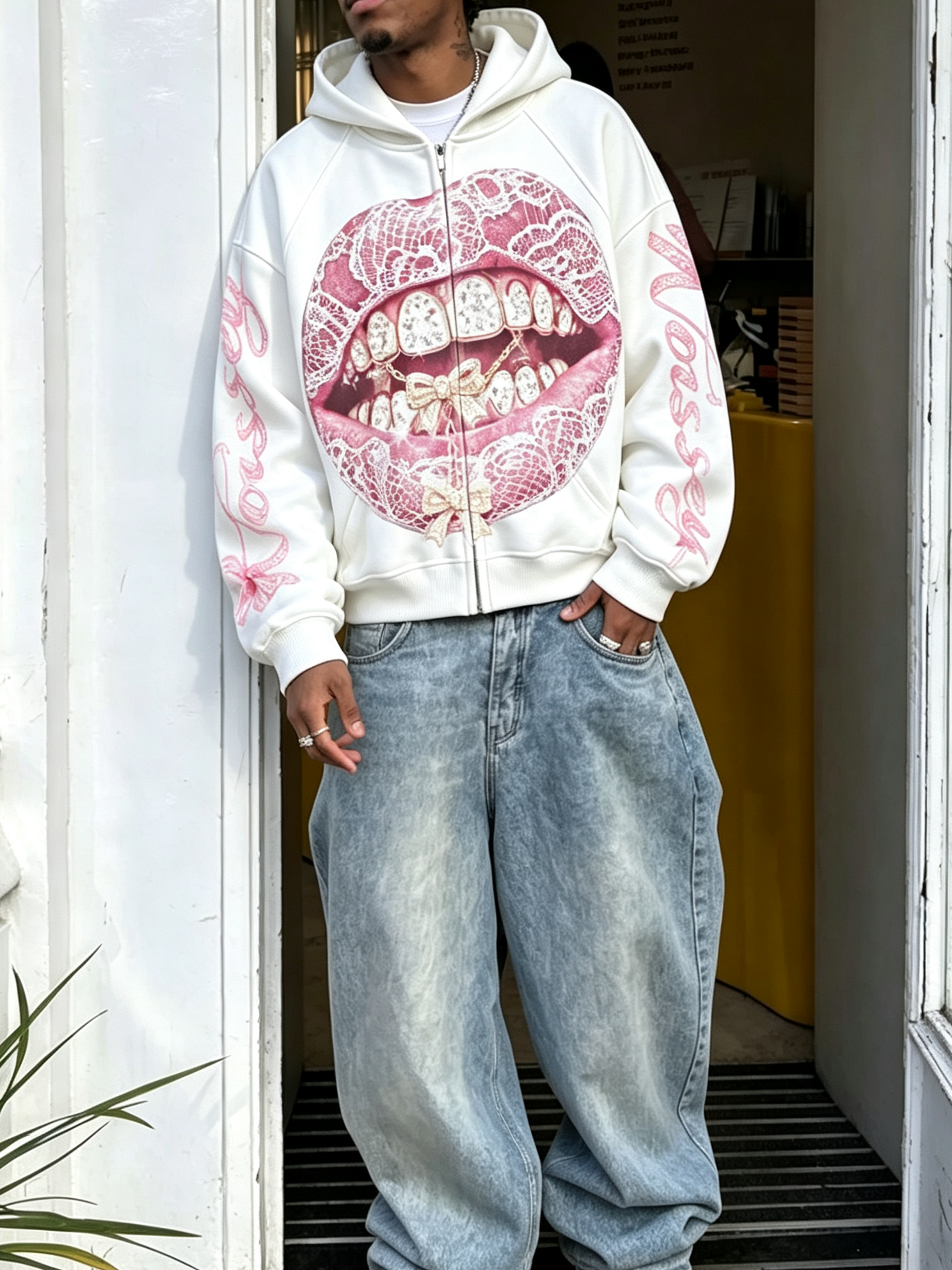 NOISSEY Pink Lace & Bow Grillz Lips Graphic Zip-Up Hoodie - White Y2K Streetwear Hoodie