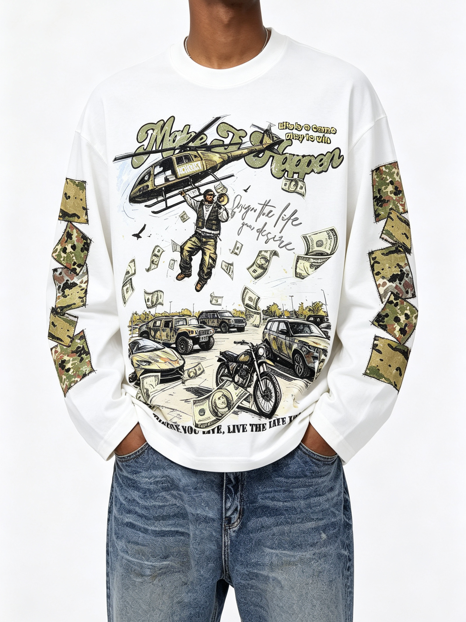 NOISSEY Make It Happen Military Helicopter Camo Heavyweight Cotton Blend Long Sleeve