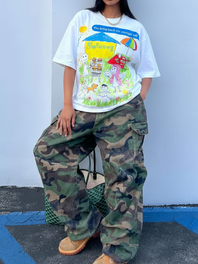 NOISSEY "Younger Self" Crayon Picnic Graphic Oversized Tee - Studio White