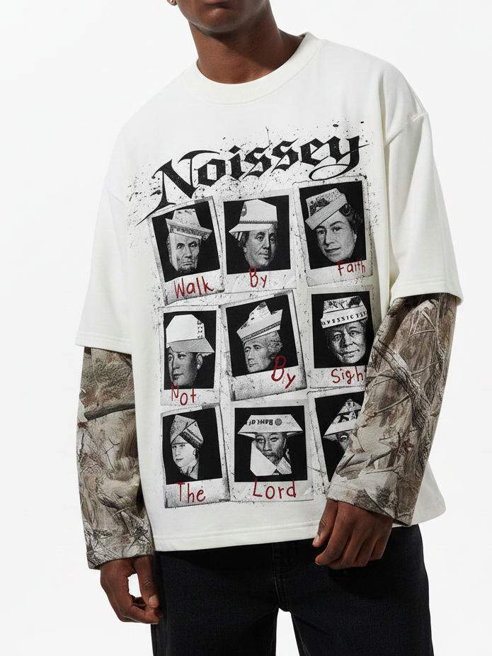 NOISSEY Money Party Polaroid Fake-Two-Piece Heavyweight Long Sleeves - White/Camo Streetwear Shirt