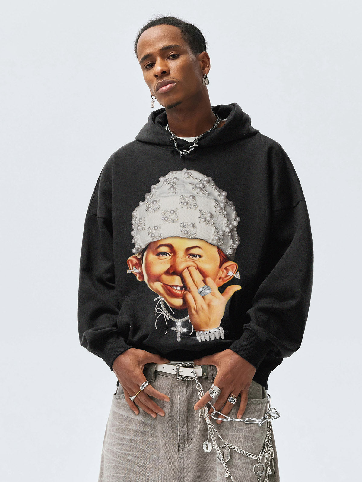 High-Quality Bad Boy Printed 425g Hoodie with Headband Pearl Hat Design