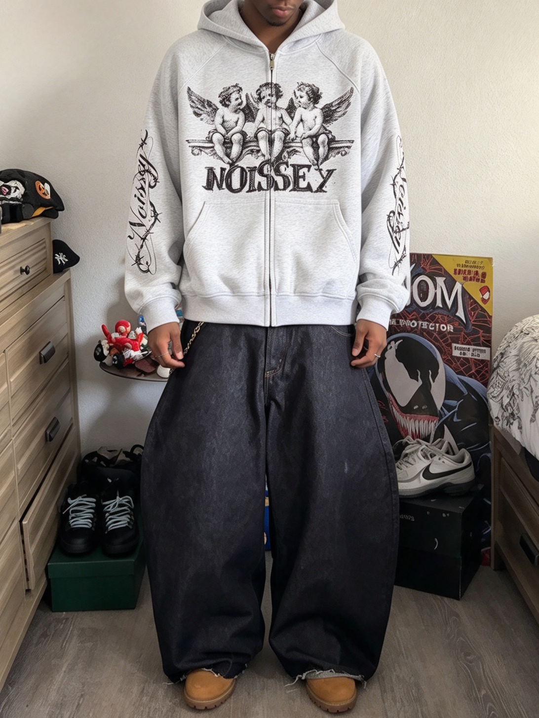 NOISSEY "Angel Religion" Vintage Grey Full-Zip Hoodie