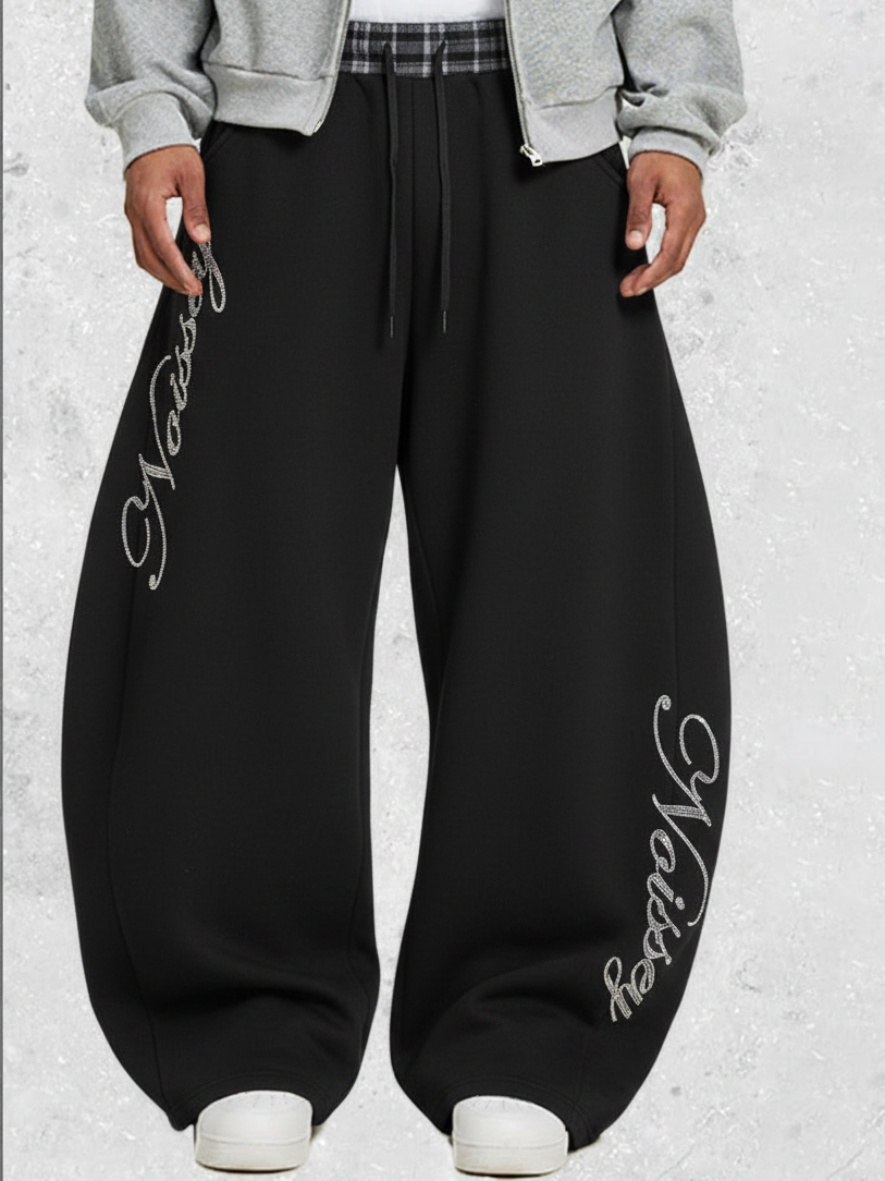 NOISSEY Plaid Waistband Layered Wide-Leg Sweatpants - Black Streetwear Track Pants
