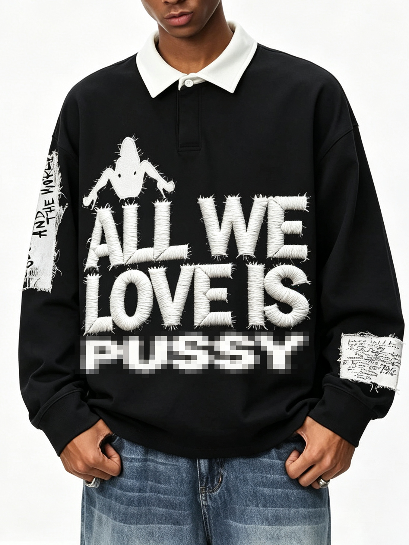 NOISSEY Deconstructed Raw-Edge Patchwork Polo Sweatshirt
