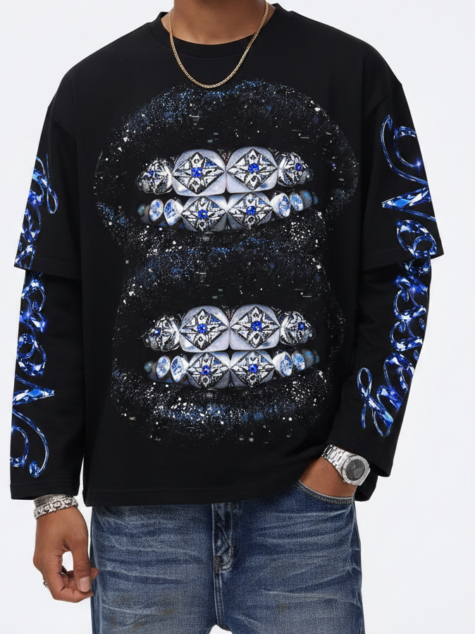 NOISSEY Glitter Sapphire Iced-Out Lips Faux Layer Sweatshirt