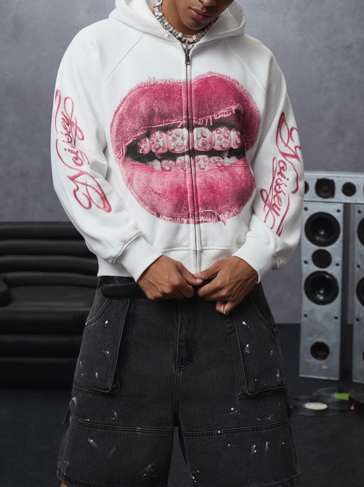 NOISSEY Faux-Distressed Pink Lips & Iced-Out Grillz Zip-Up Hoodie - Pearl White