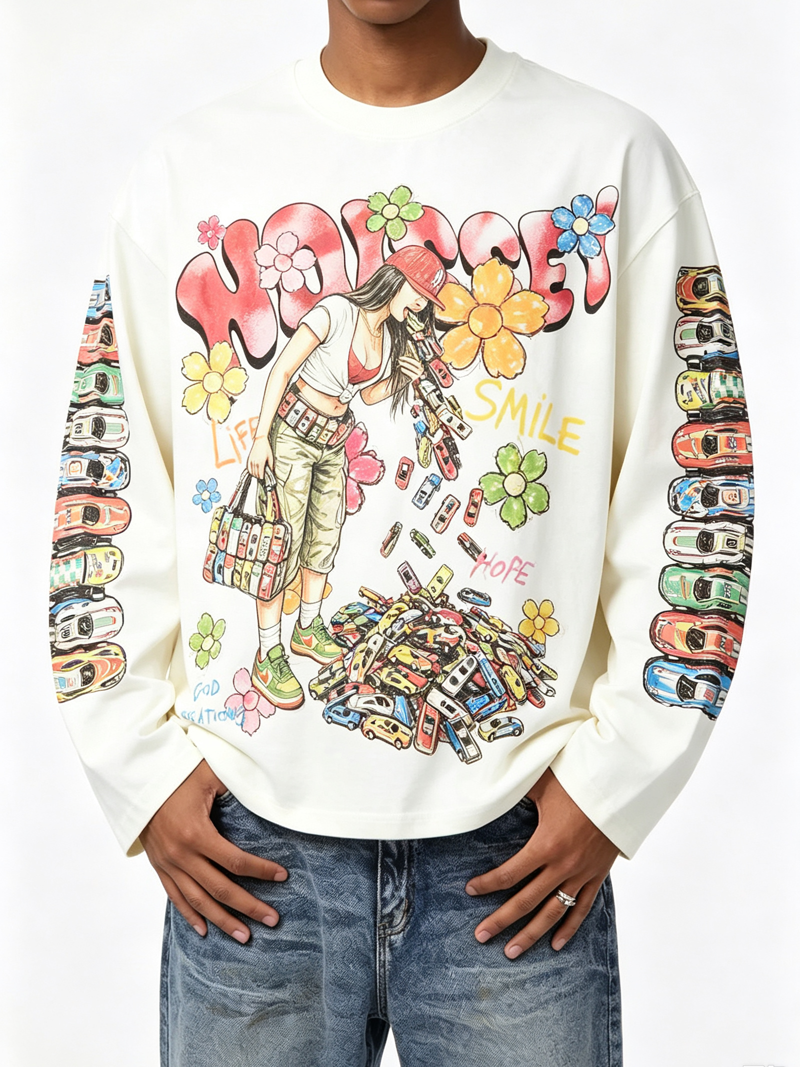 NOISSEY Hand-Drawn Toy Cars Girl Graffiti Long Sleeves - Two Colors