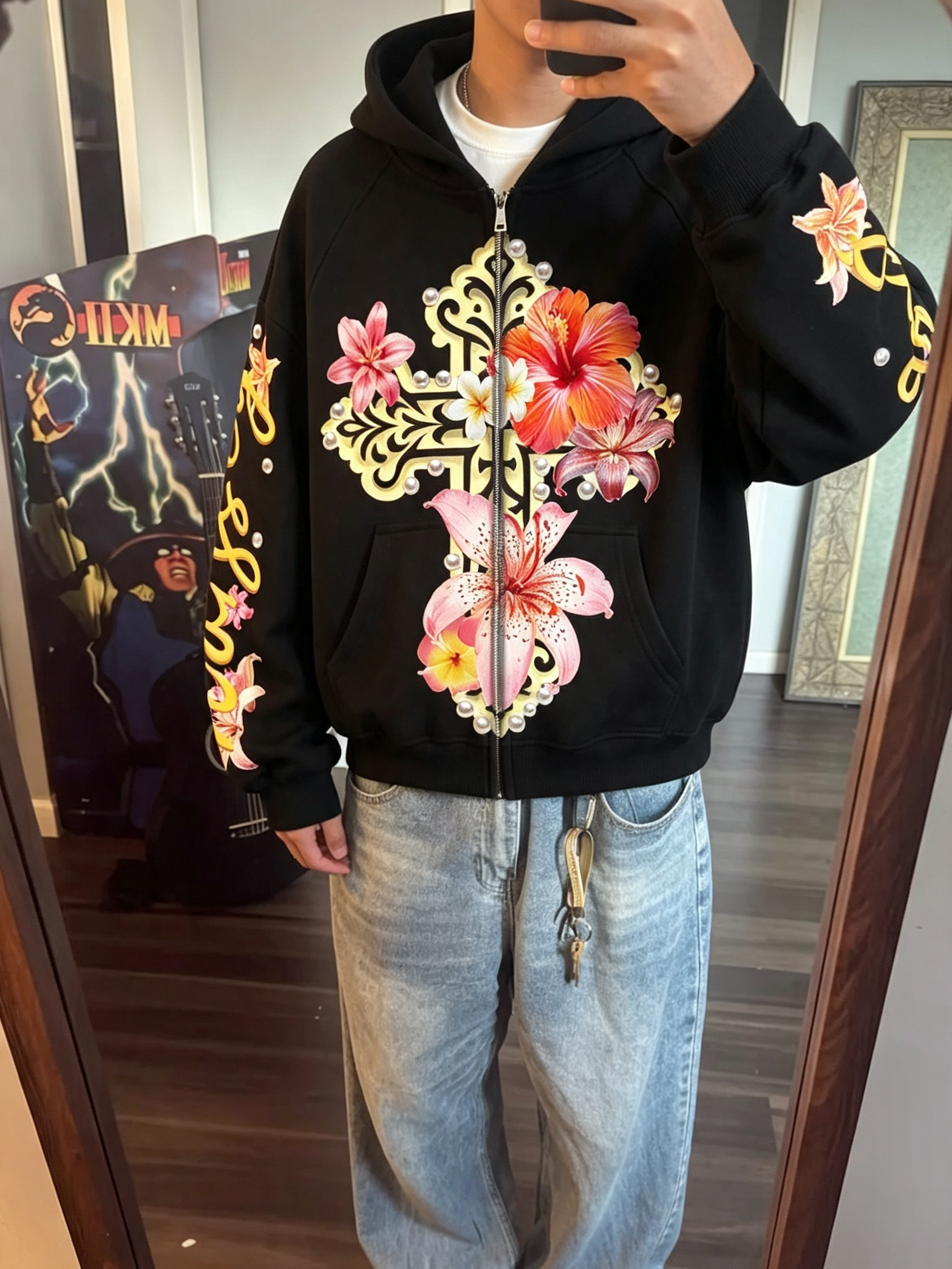 NOISSEY Floral Cross Graphic Full-Zip Hoodie - Jet Black