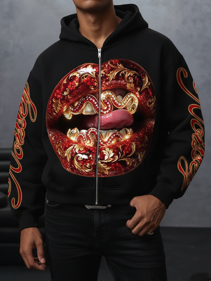 NOISSEY Baroque Diamond Lips Heavyweight Full-Zip Hoodie Black