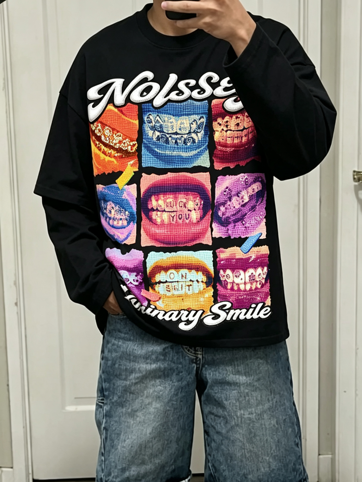 NOISSEY "Luminary Smile" Pop Art Nine-Grid Rhinestone Teeth Faux Layer Long Sleeve - black