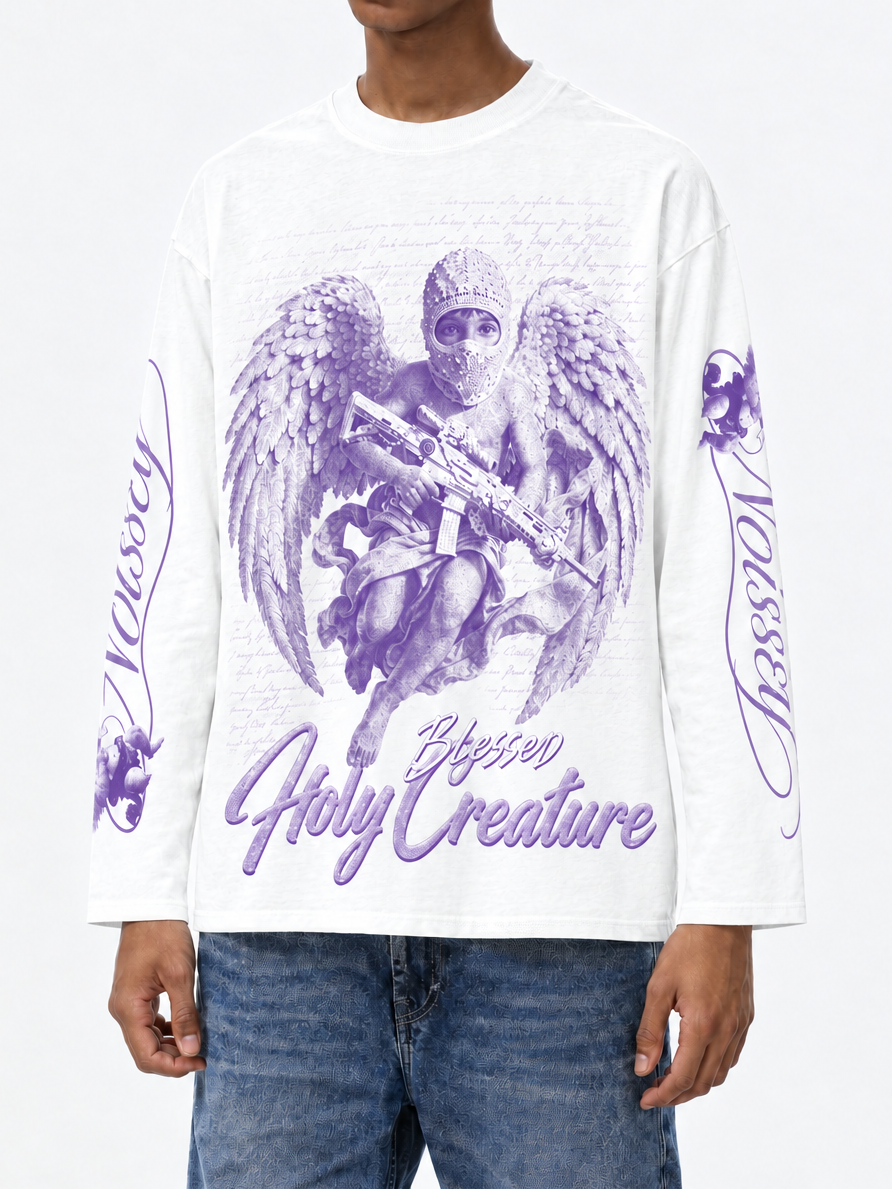 NOISSEY Purple Tone Pearl Hooded Angel Lace Prop Gun White Long Sleeve Shirt