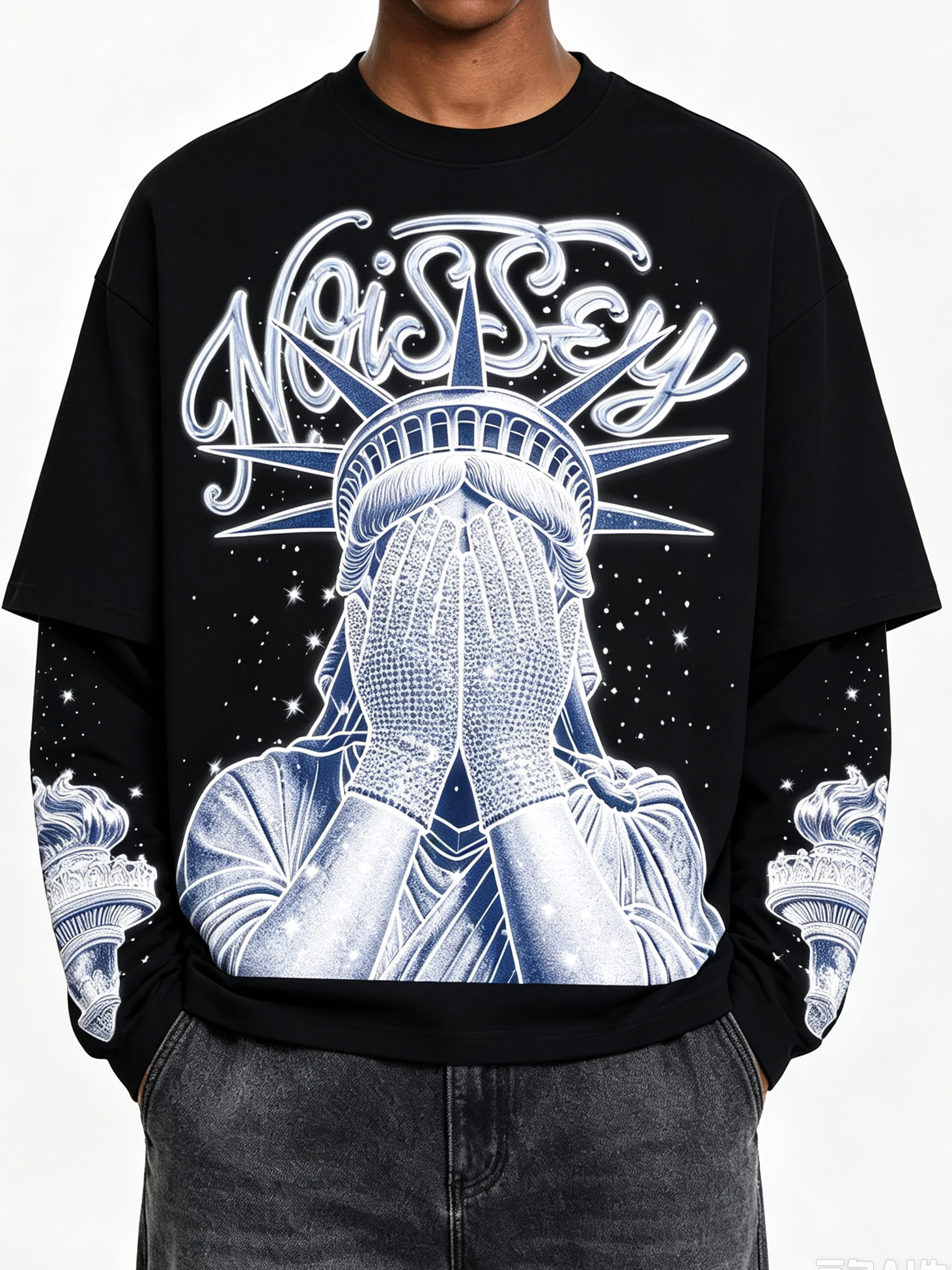 NOISSEY Diamond Liberty Graphic Fake-Two-Piece Heavyweight Long Sleeves