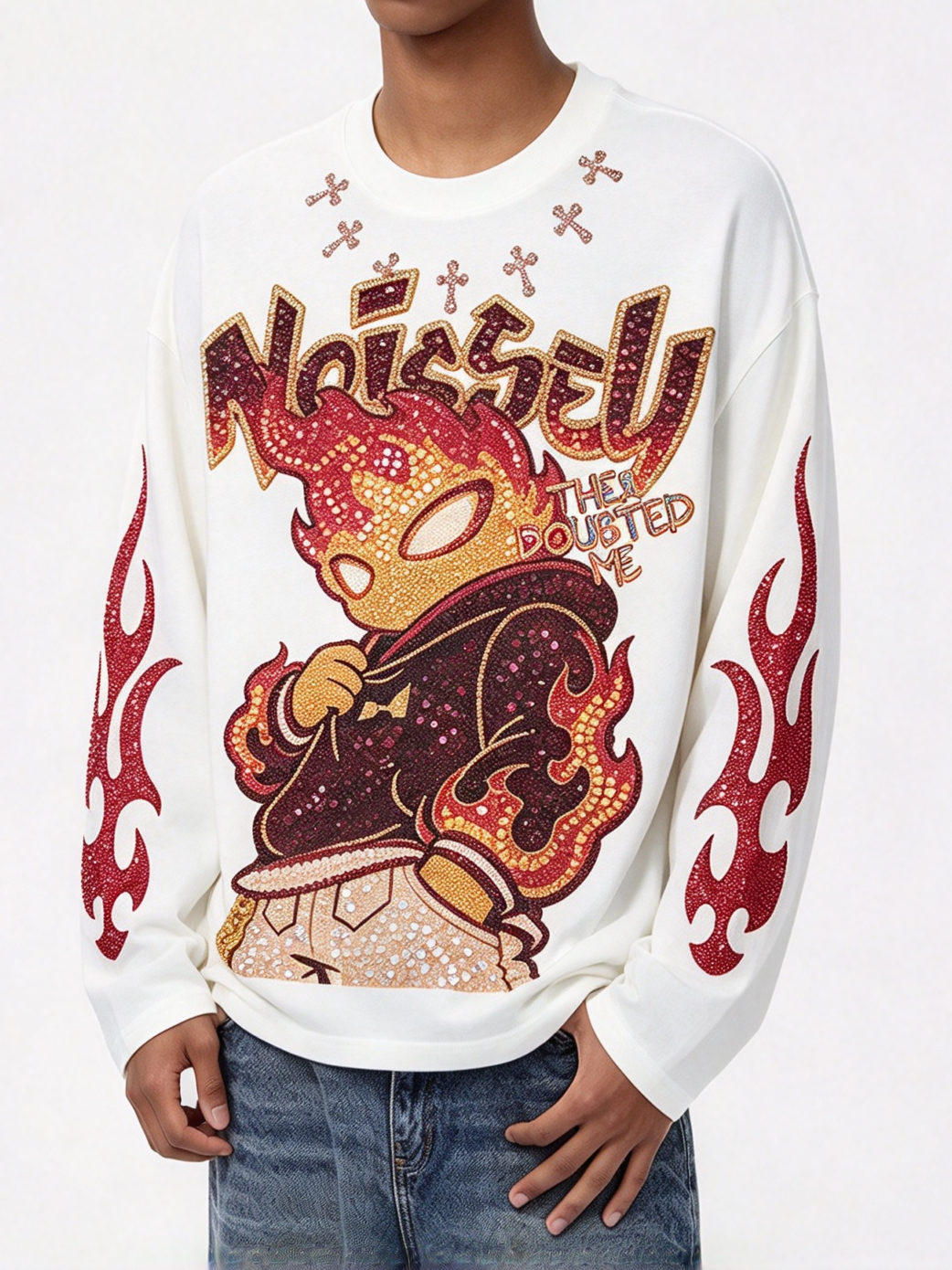 NOISSEY "They Doubted Me" Rhinestone Neckline Flame Graphic Long Sleeve - Studio White