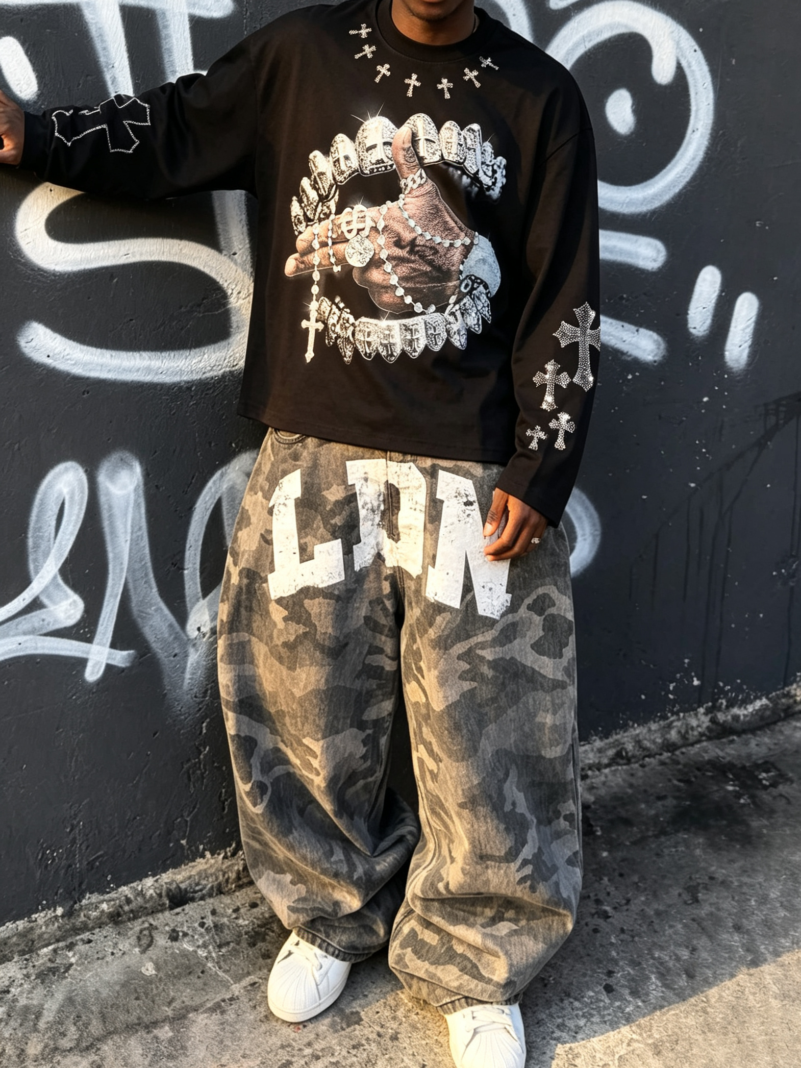 NOISSEY "Iced-out Rosary" Graphic Long Sleeves - Heavyweight Jet Black