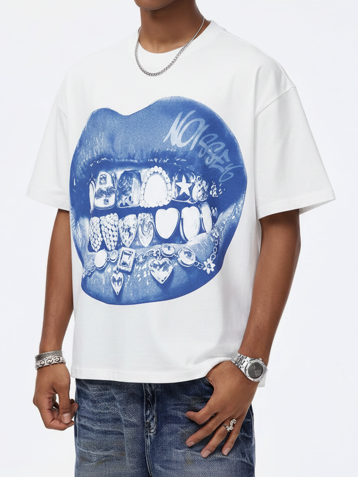 NOISSEY Blue Iced-Out Grillz Lips Graphic T-Shirt - White Boxy  Streetwear Tee