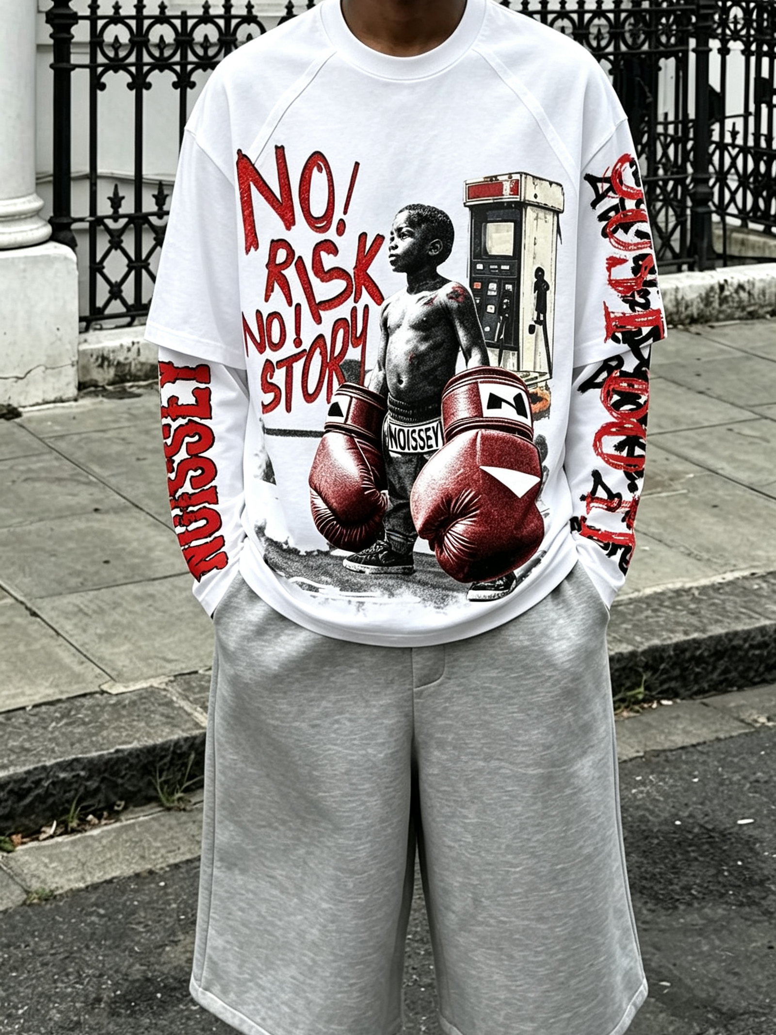 NOISSEY Boxer Boy Graffiti Fake-Two-Piece Heavyweight Long Sleeve Tee White