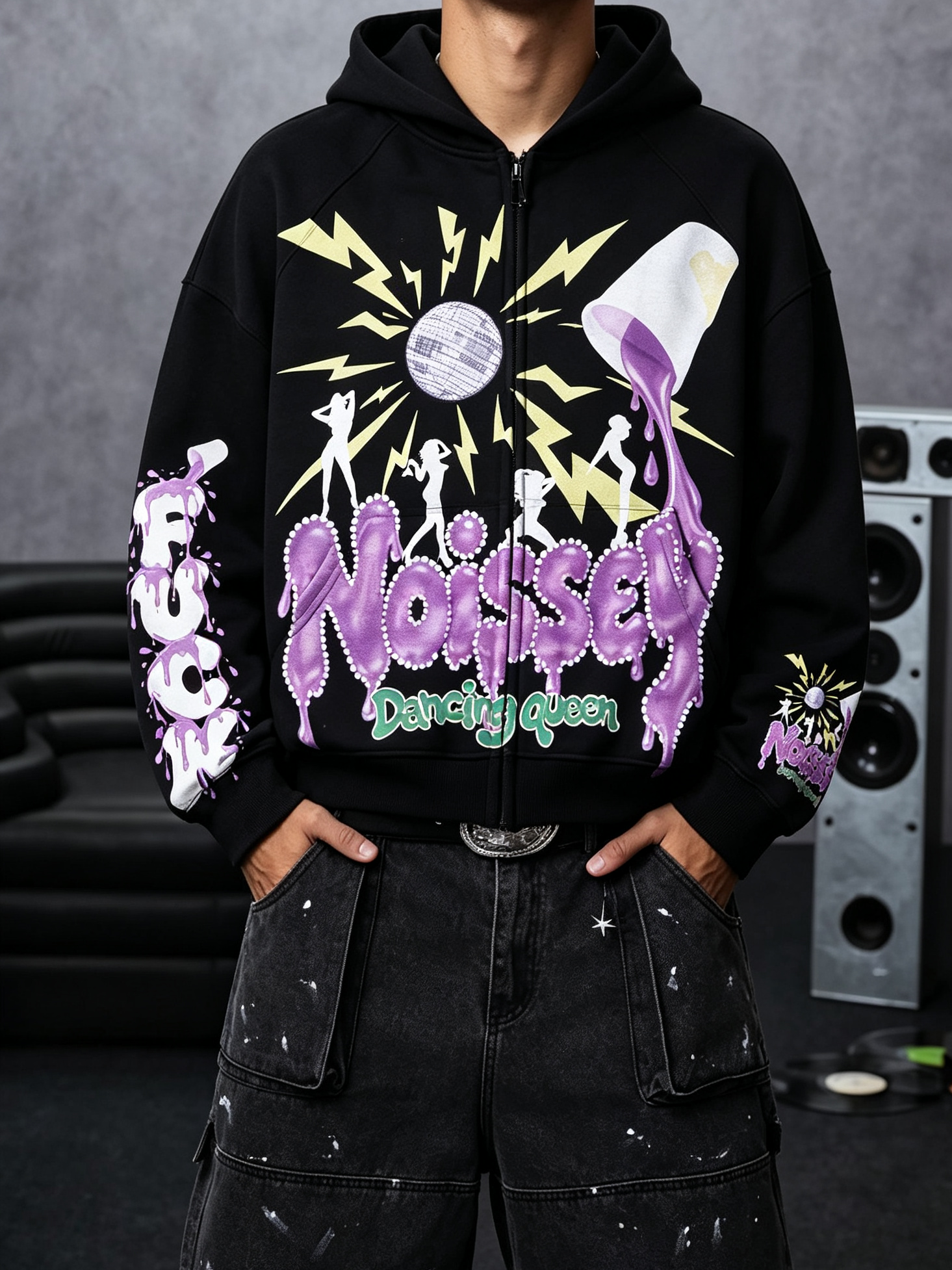 NOISSEY "Dancing Queen" Disco Ball Purple Liquid Lettering Black Zip-Up Hoodie