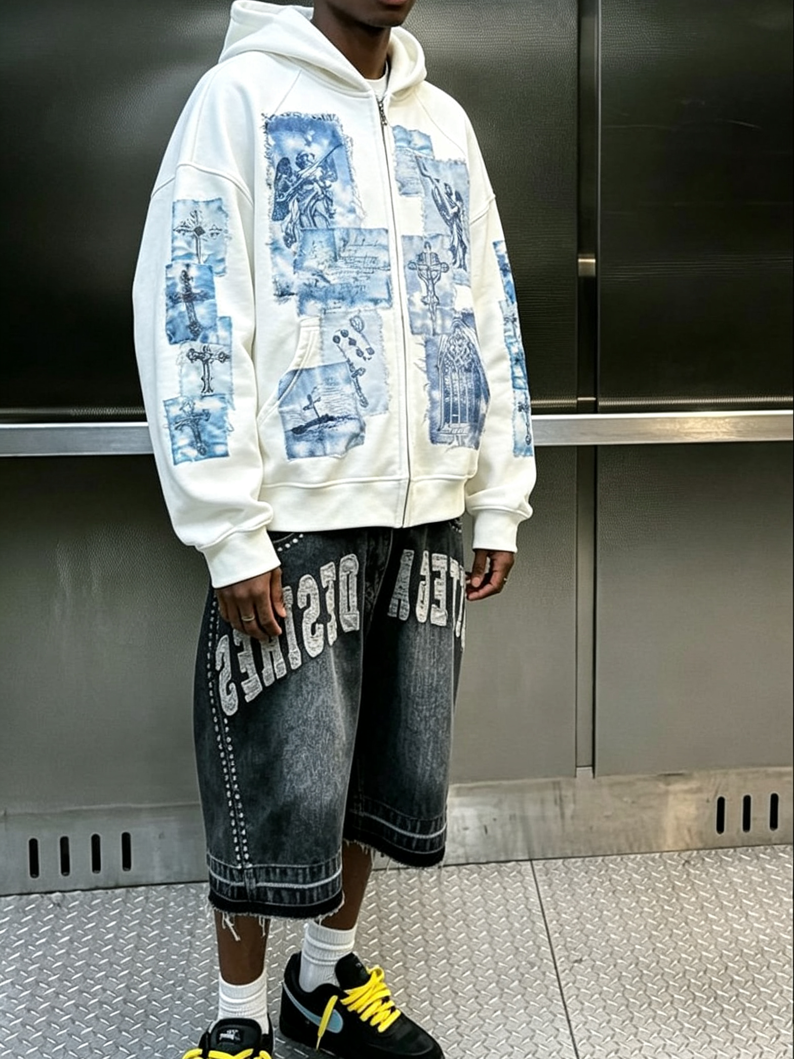 NOISSEY Cyanotype Patchwork Angel Cross Graphic Full-Zip Hoodie - White Streetwear Hoodie