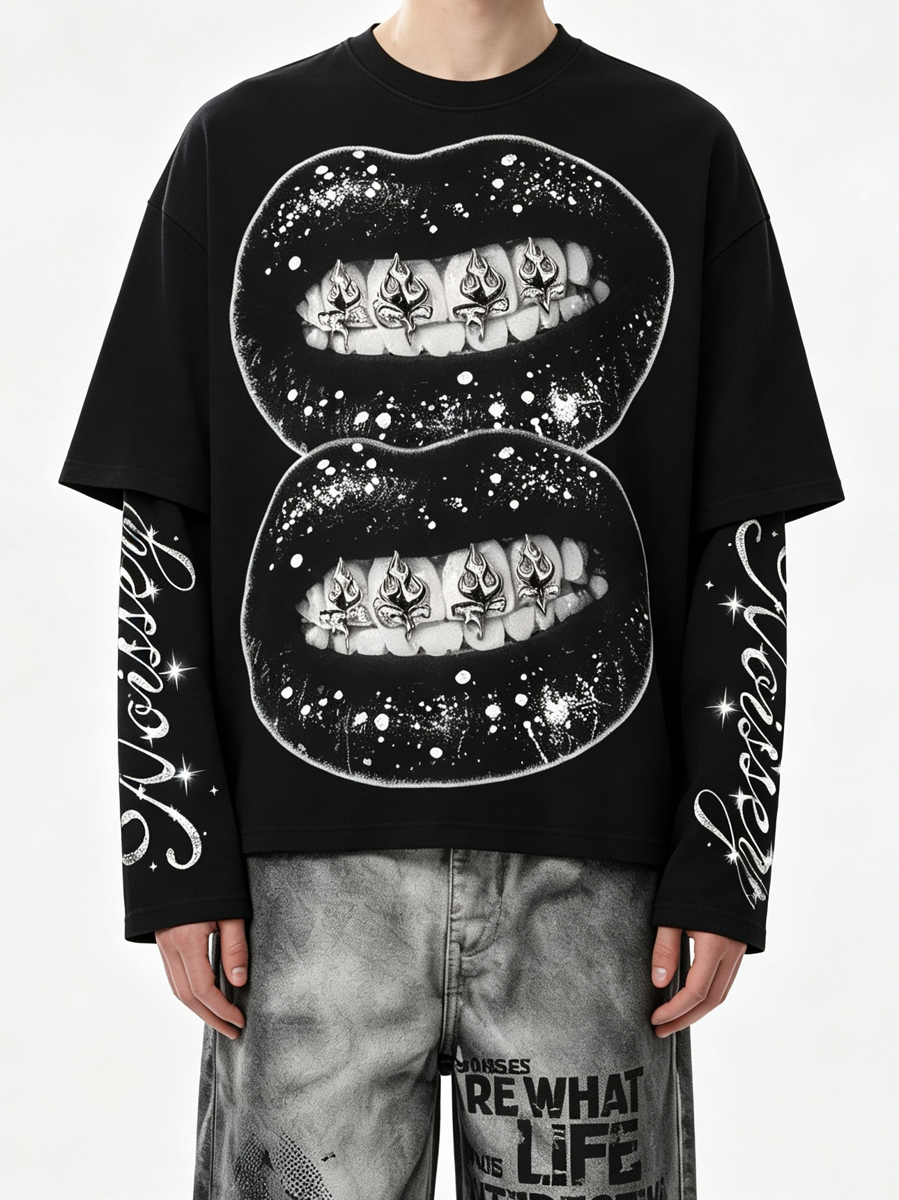 NOISSEY Double Black Lips Flame Grillz Faux Two-Piece Sweatshirt - Black Gothic Streetwear Crewneck