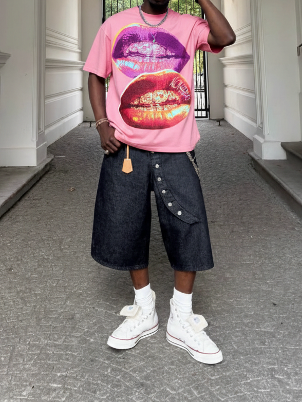NOISSEY Double Pop Art Iced-Out Lips Graphic Tee - Pink Oversized Streetwear Shirt
