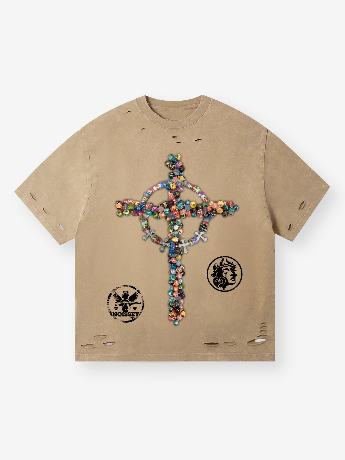 BOUNCE BACK© colorful gemstone cross distressed wasteland print T-shirt