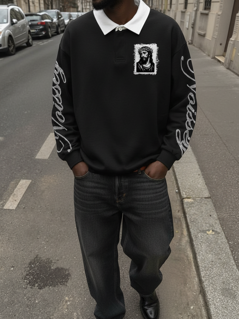 NOISSEY Rhinestone Sleeve & Crown of Thorns Jesus Contrast Collar Polo Sweatshirt - Black  Streetwear Shirt