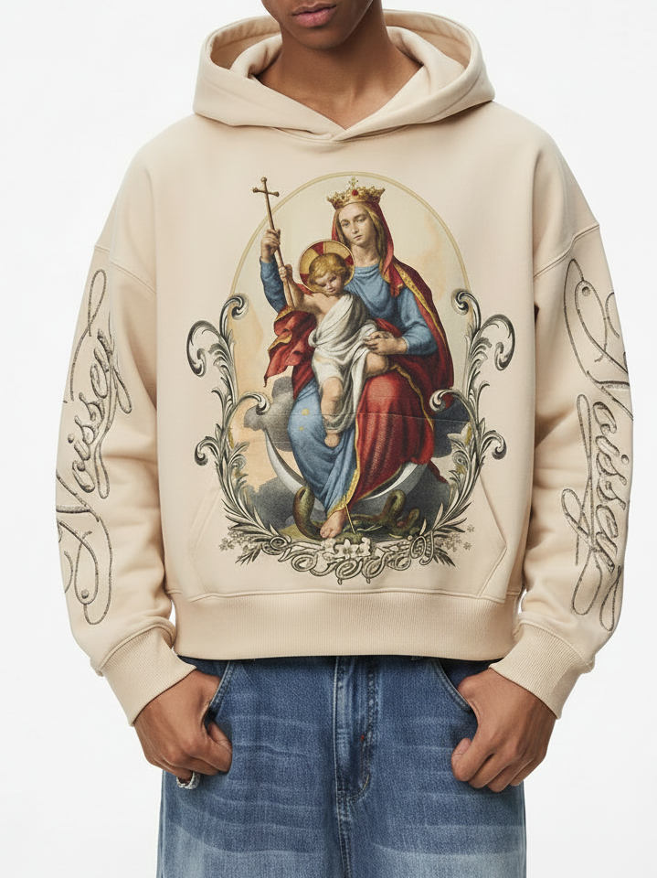 NOISSEY Vintage Oil Painting Virgin & Child Graphic Cropped Hoodie - Beige Streetwear Pullover