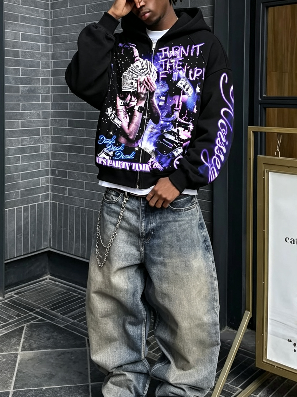NOISSEY Money Party Neon Starlight Heavyweight Full-Zip Hoodie Black