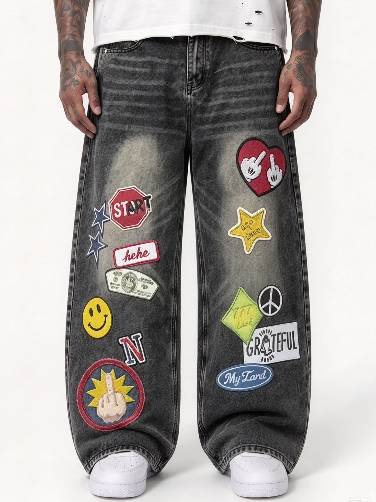 NOISSEY "Urban Collage" Distressed Wide-Leg Denim Jeans
