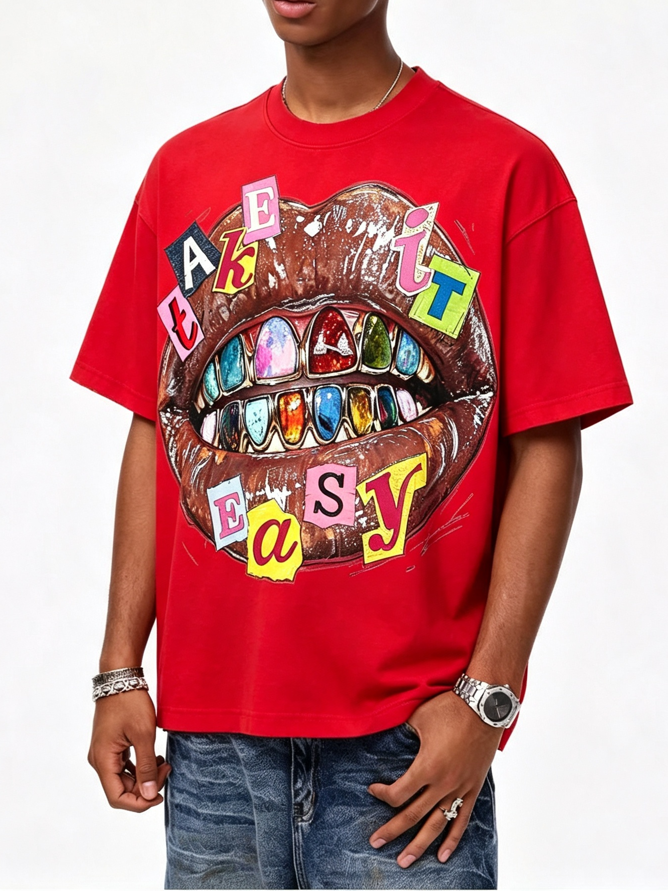 NOISSEY "TAKE IT EASY" Diamond Grillz Lips Collage Boxy Fit T-Shirt - Red