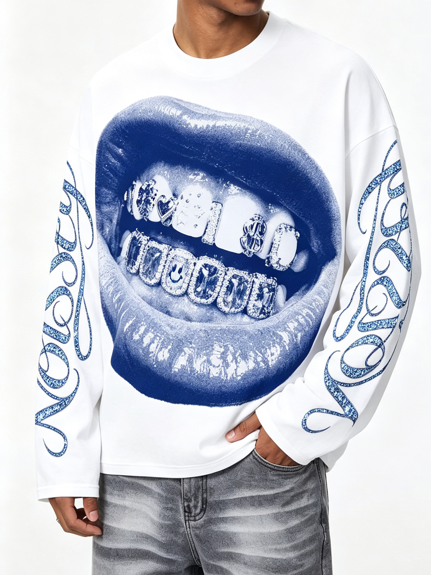 NOISSEY Blue Cyan Grillz Lips Graphic Long Sleeve Tee - White