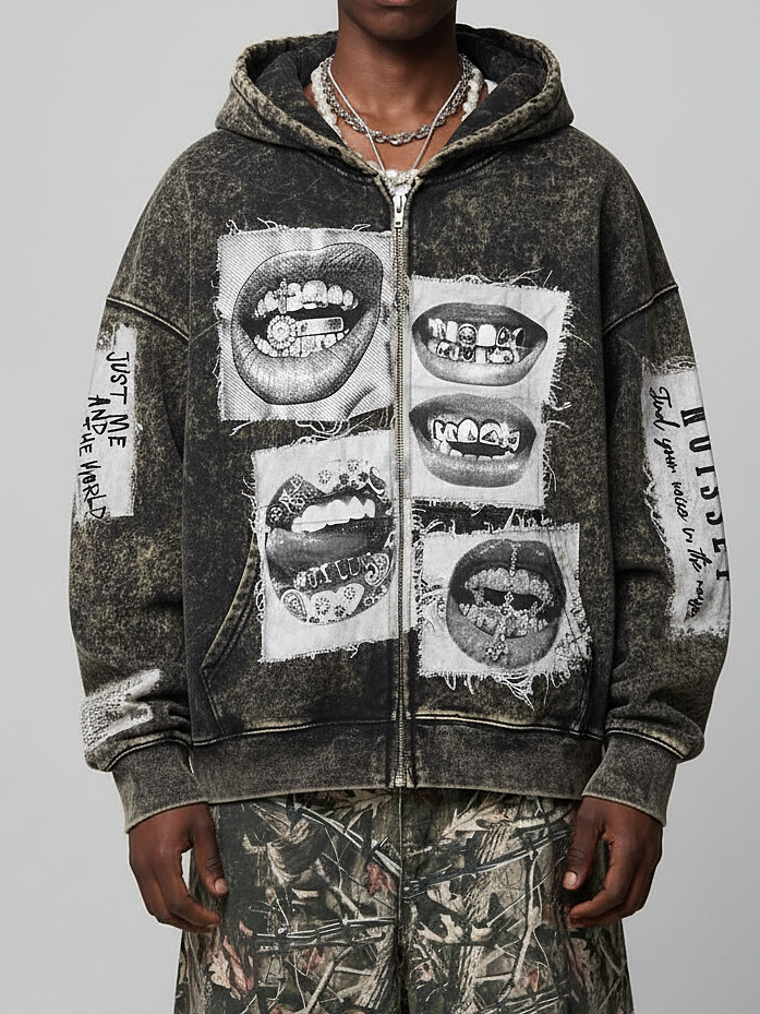 NOISSEY Washed Vintage Faux-Patchwork Diamond Grillz Lips Zip-Up Hoodie - Washed Black