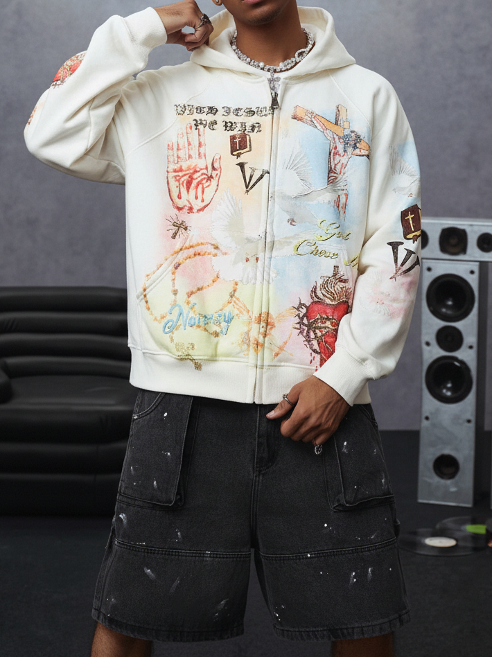NOISSEY Sacred Heart & Dove Vintage Collage Full-Zip Hoodie - Pure White